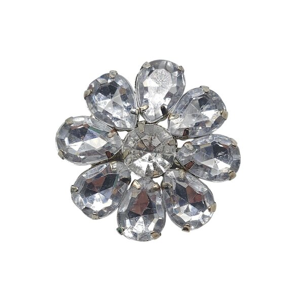 Vintage Crystal Flower Brooch Silver Rhinestone Cluster Pin - Picture 1 of 4